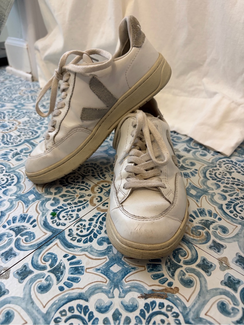 Veja White Leather Sneakers with Gray Suede V Logo